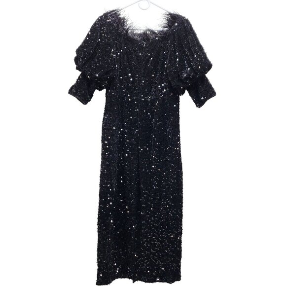 Vintage Black Sequined Dress With Puff Sleeves & Feather Trim Size XL - Picture 2 of 10